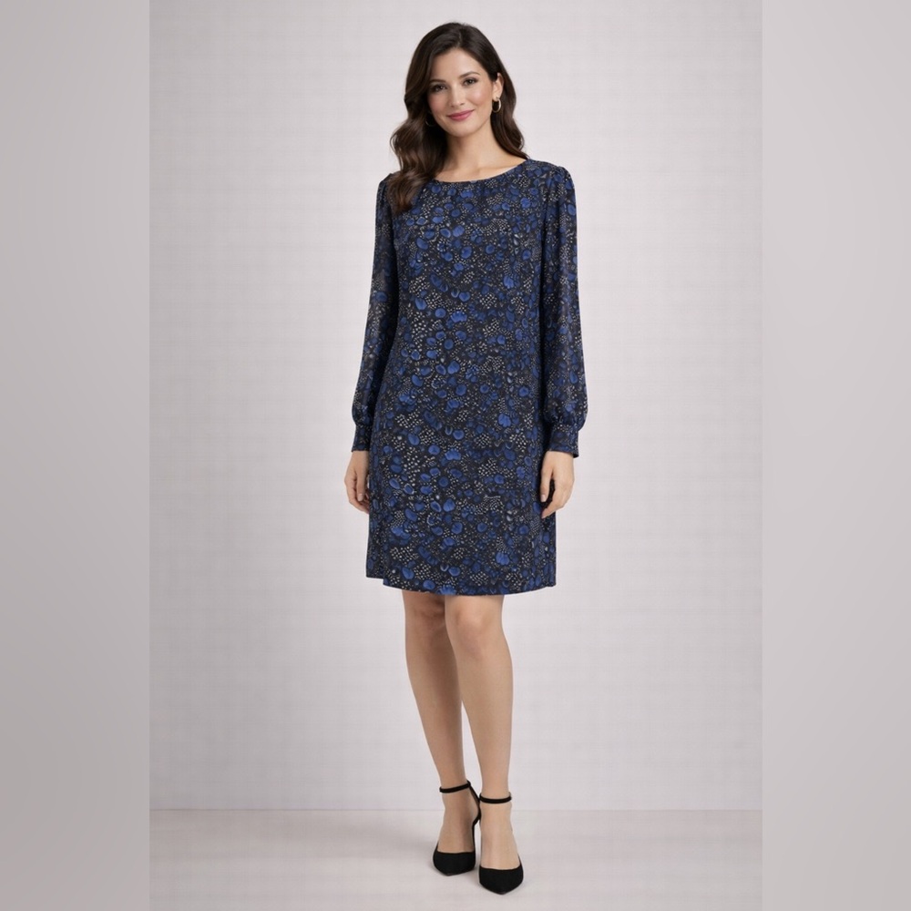 Donna Morgan Dress 6 Blue Sapphire Faux Silk Long Sleeve Career Church NWT